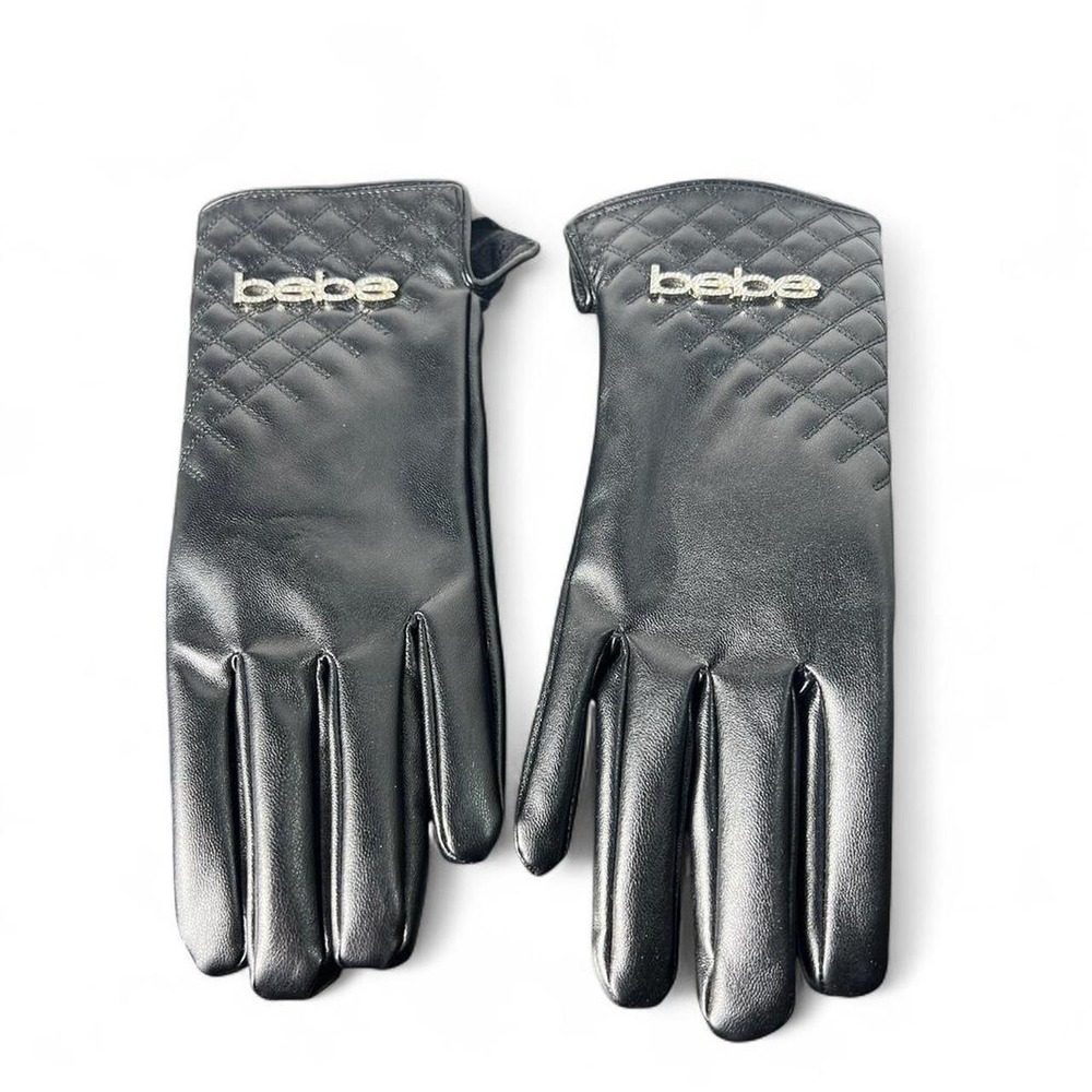 Bebe Women's Medium Black Leather Gloves Quilted Rhinestone Logo Y2K